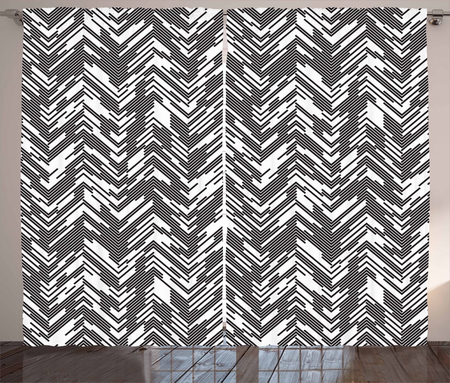 Black and White Curtains 2 Panels Set, Artistic Chaotic Chevron