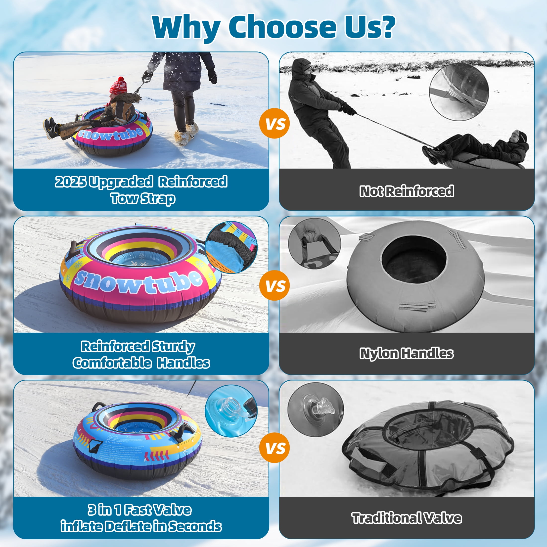TKYHRMAS Inflatable Snow Tube Sled - 48’’ Colorful Tubes for Sledding with Premium Canvas Cover for Kids Adults Snow Toy Fun Winter Outdoor Toys for Boys Girls Ideal Christmas Birthday Gift