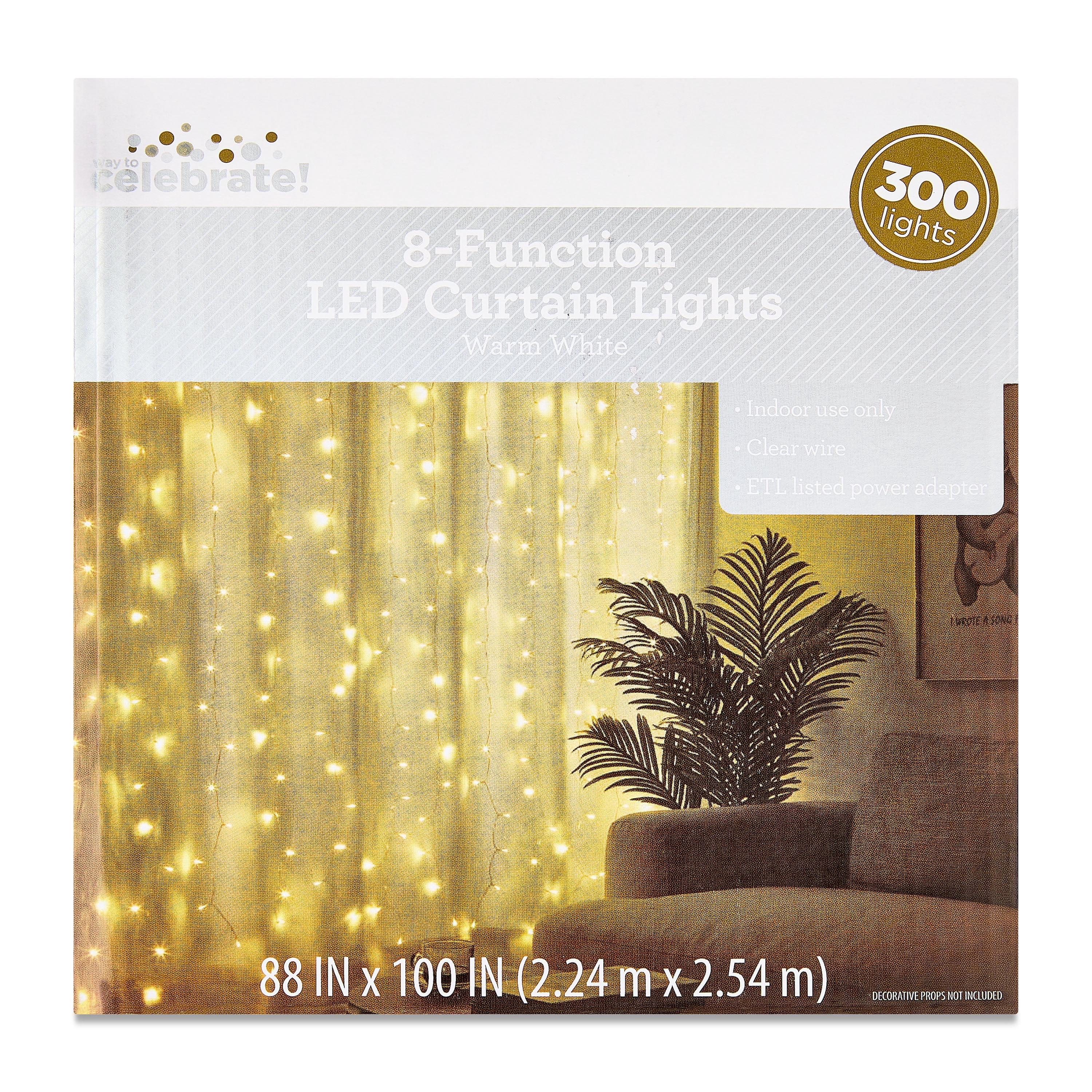 Warm White 8-Function LED Curtain Lights, 88" x 100", by Way To Celebrate