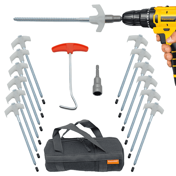Keovoker 12 pack 8" Screw in Tent Stakes, Heavy Duty Ground Pegs with Hex Driver, Puller & Protector, Bag, Glow in Dark for Camping Hiking Hammocks