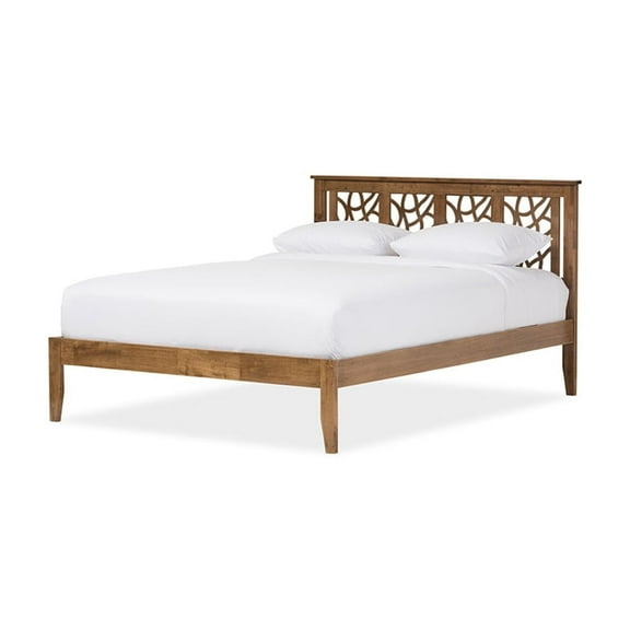 Modern Platform Bed - Contemporary Wood Bed Frame, Walnut Brown, Solid Rubberwood Construction