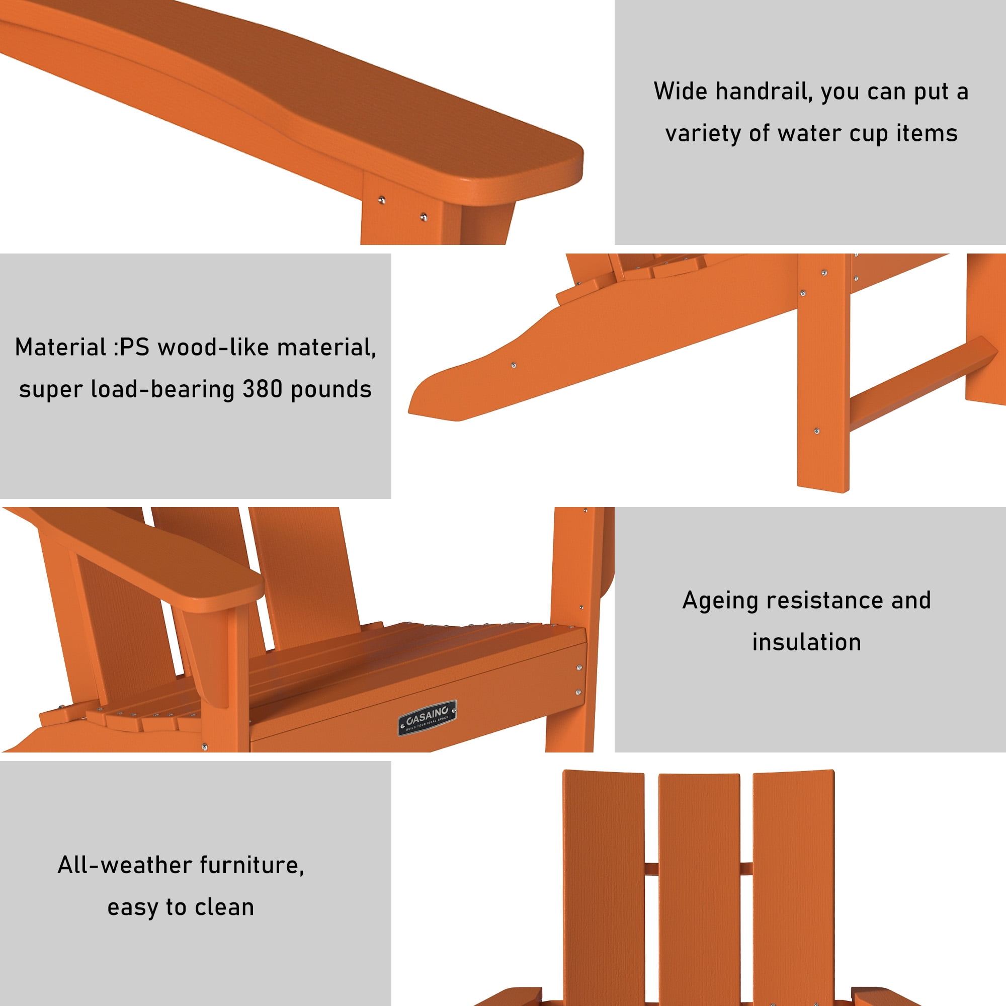CASAINC Modern Orange 3-Pack 4.7 inch W Arm Outdoor Patio Folding Wood Adirondack Chair