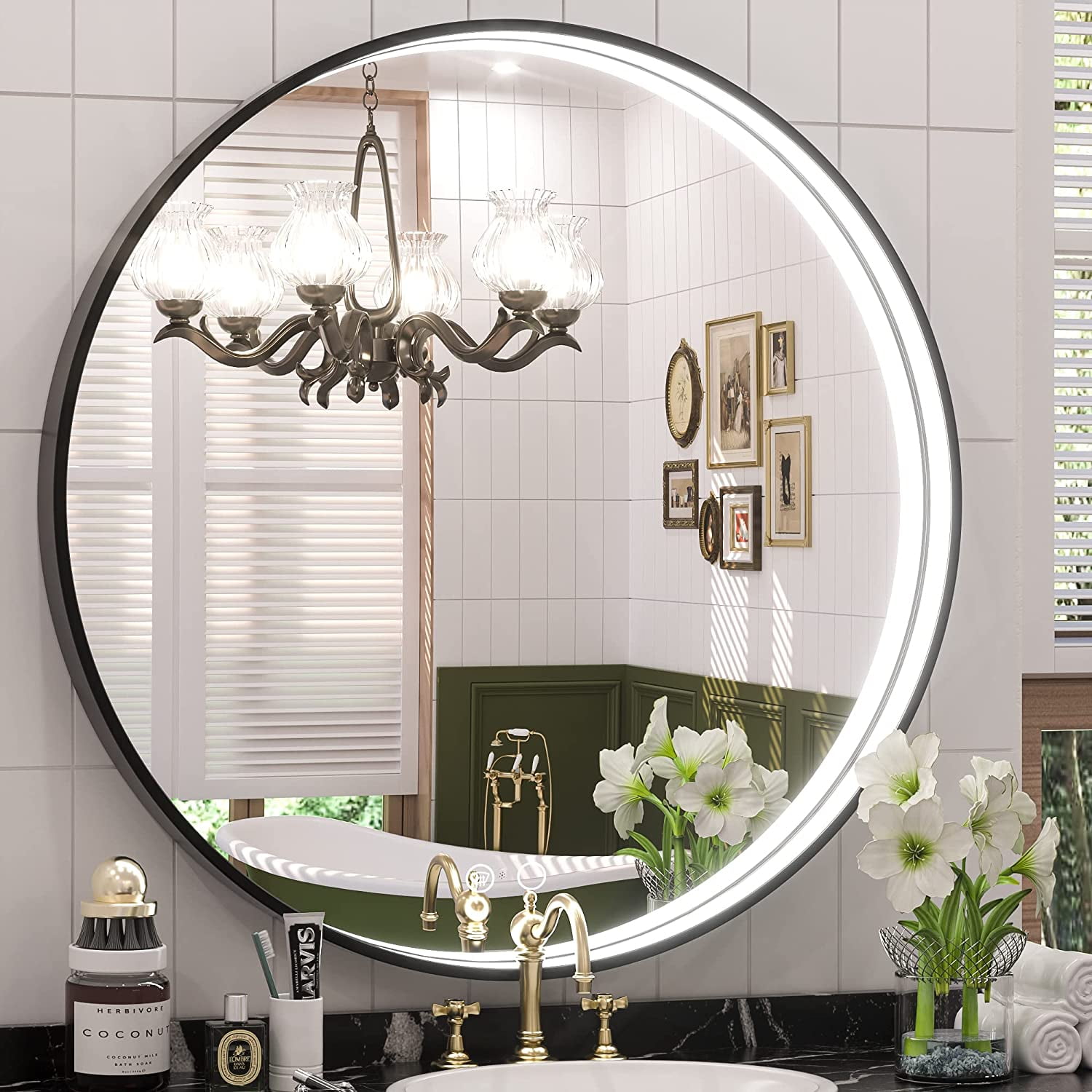 Keonjinn LED Round Mirror, 28 inch Metal Framed Round Lighted Bathroom