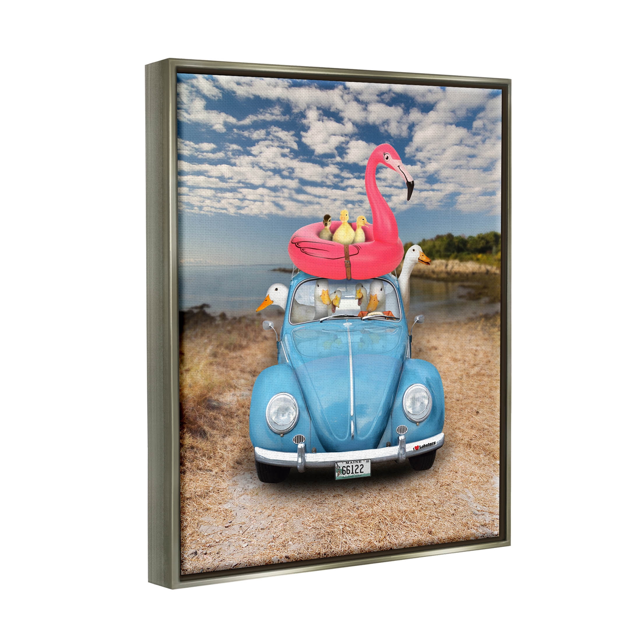 Funny Summer Beach Vacation Geese Animals & Insects Graphic Art Luster Gray Framed Art Print Wall Art