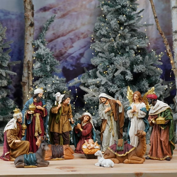 Nativity Set Christmas Indoor 12 inch 12 Pcs Scene Statue Figurines Jesus Manger Crib Gift Catholic Religious Decor