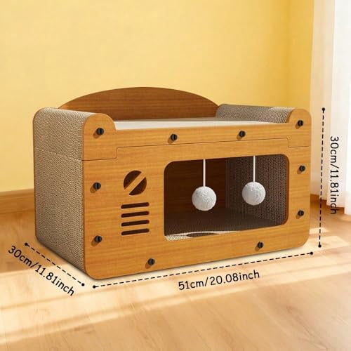 Cat Scratcher House, 2 in 1 Cat Bed and Cave with Hanging Ball Toys, Wooden Scratching Board for Kittens and Adult Cats