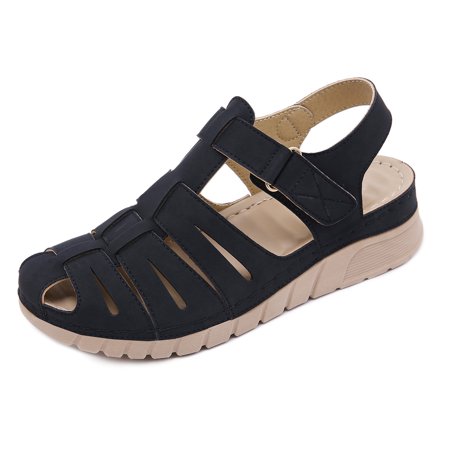 

SHIBEVER Summer Wedge Sandals for Women Non-Slip Beach Hollow Closed Toe Platform Sandals Shoes Black