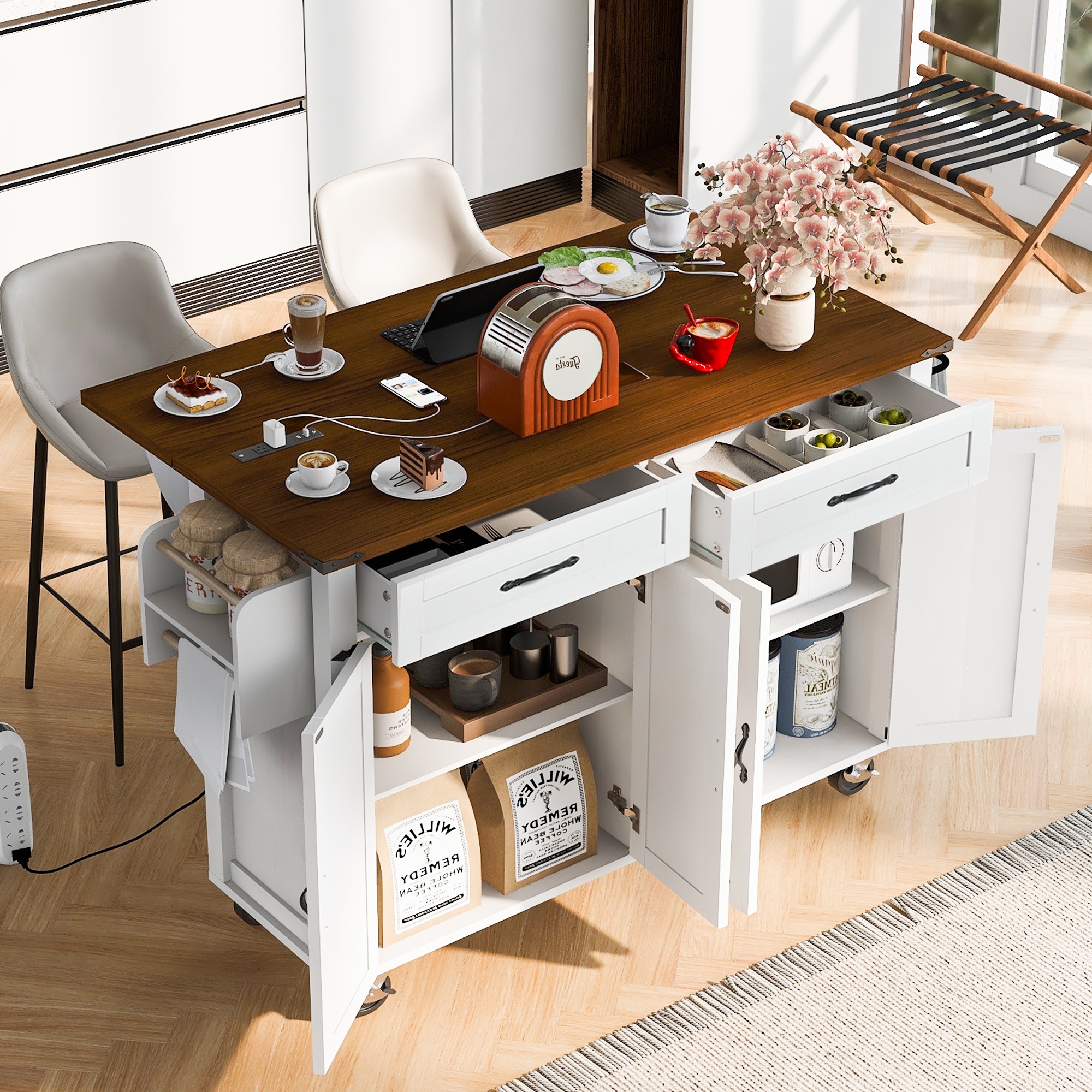 DTTRA 53.5'' Farmhouse Kitchen Island with Power Outlet, Kitchen Storage Island with Drop Leaf, Spice Rack and Drawer, Rolling Kitchen Cart on Wheels, for Home, Kitchen and Dining Room, White