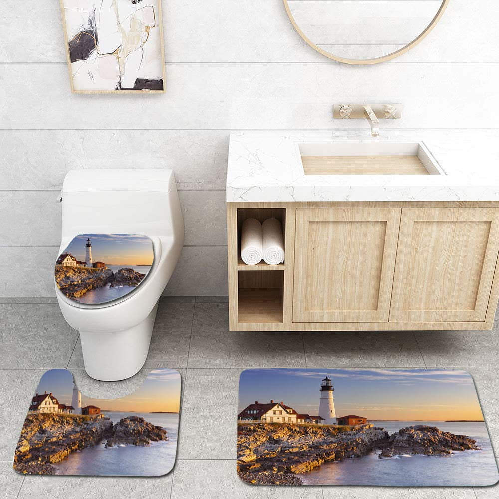 PUDMAD Portland Lighthouse Maine USA at Sunrise 3 Piece Bathroom Rugs