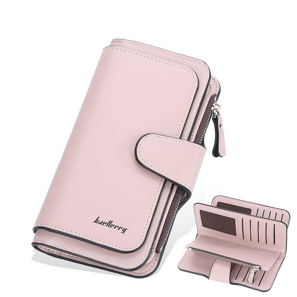 Cartera larga para mujer con cremallera y hebilla, monedero con tres pliegues y múltiples tarjetas