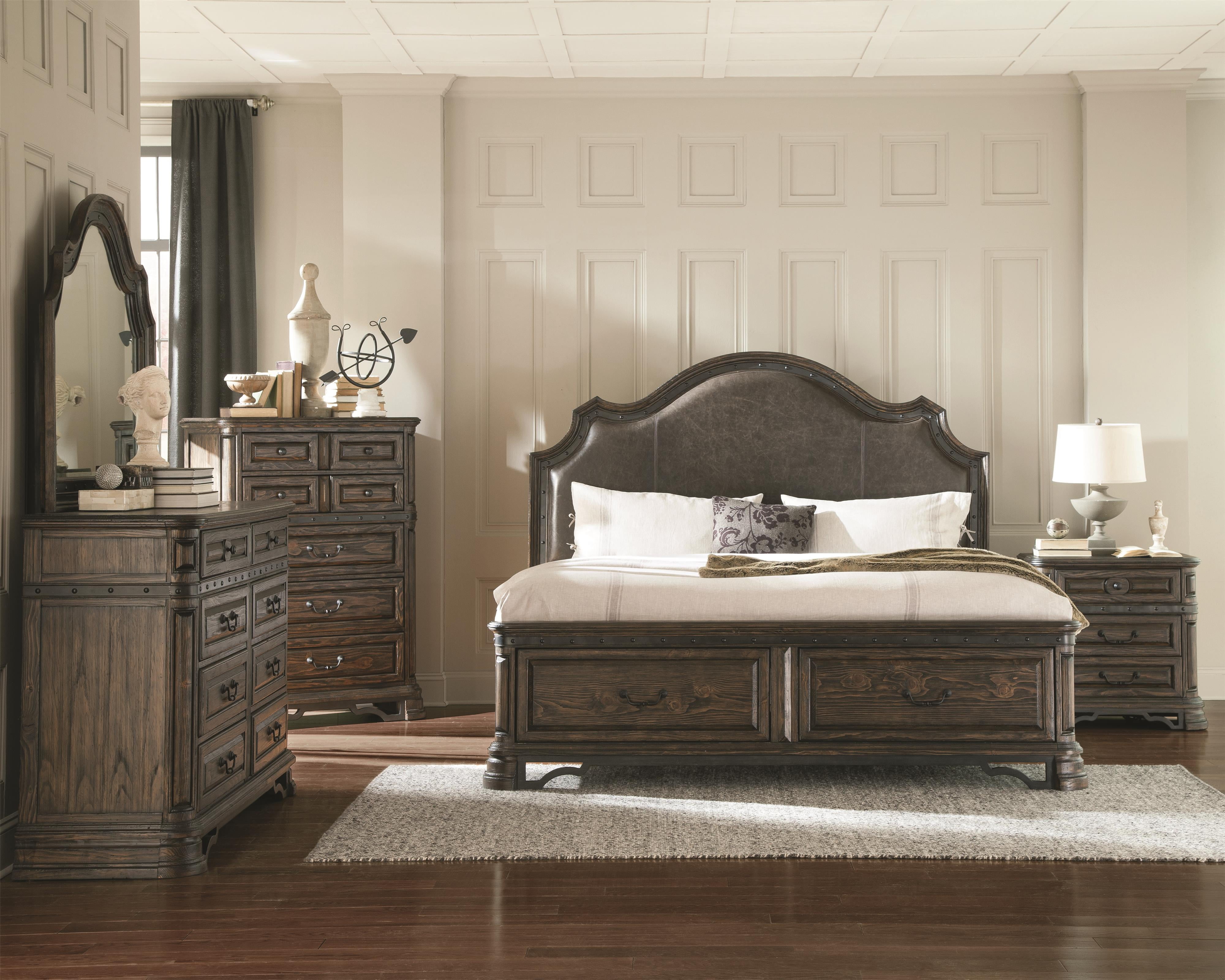 Antique Formal Look Romantic Bedroom 4pc Set Dark Brown Queen Size Bed Upholstered Hb Storage Fb Dresser Mirror Nightstand