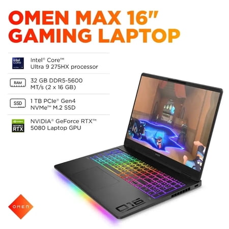HP OMEN - MAX 16" 240Hz Gaming Laptop - Intel Core Ultra 9 275HX with 32GB Memory - NVIDIA GeForce RTX 5080 - 1TB SSD - Shadow Black