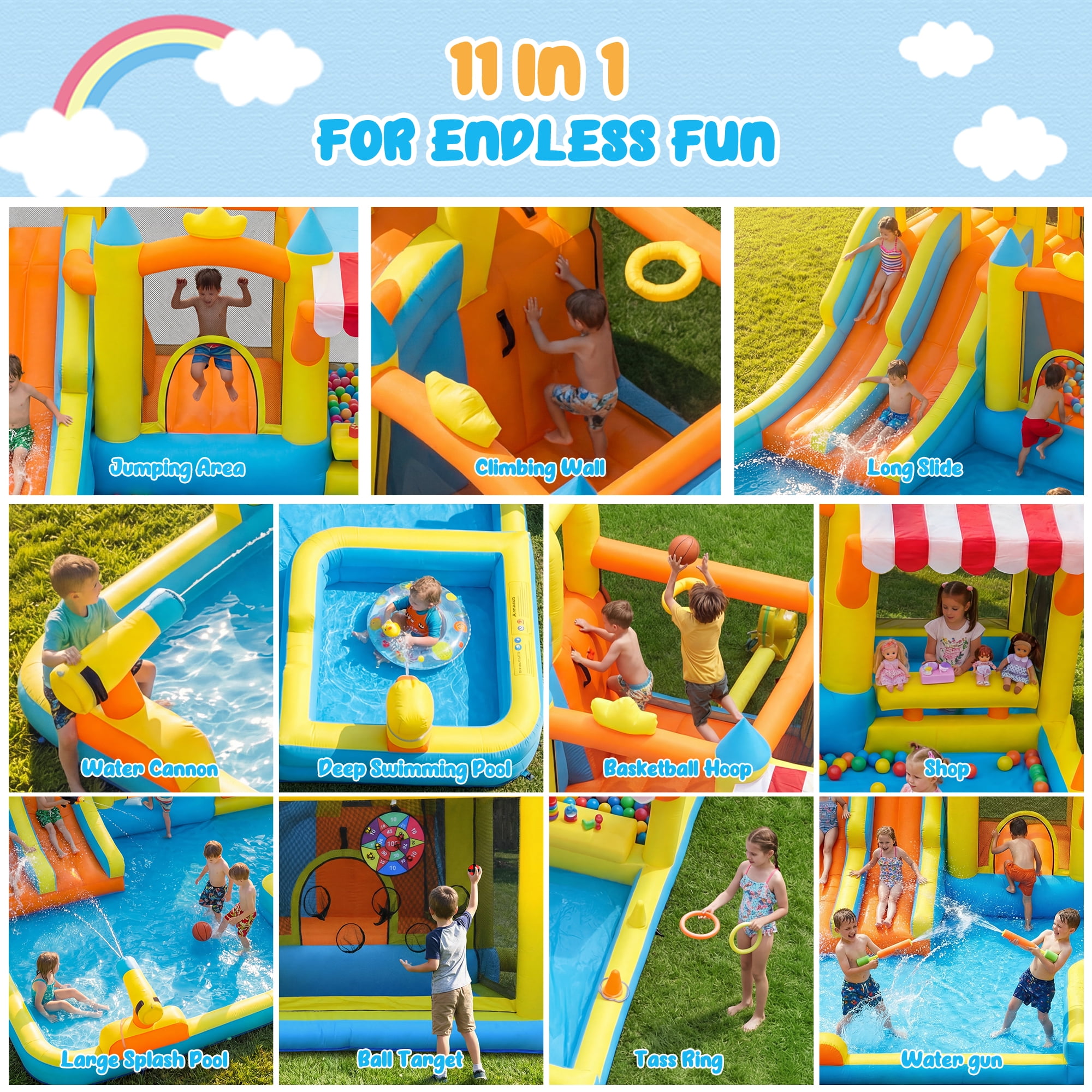KloKick Cute Duck Inflatable Water Park with Dual Pools, Slide, Basketball Hoop & 2 Water Guns