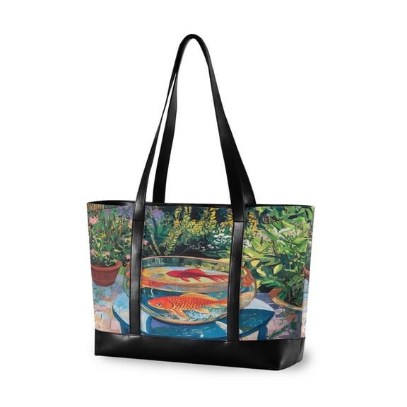 FORMRS Canvas Laptop Tote Bag for Women with 15.6" Computer Compartments Shoulder Handbag, Art Goldfish Bowl