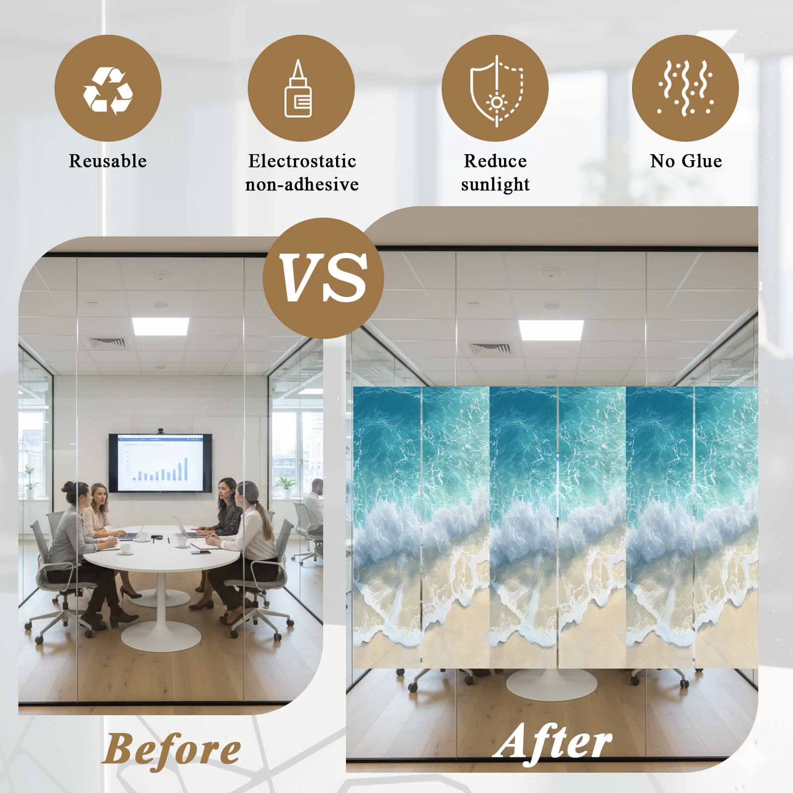 Blue Ocean Beach Waves Window Privacy Film Modern Art Decoration Decorative Glass Window Film UV Blocking Static Cling Non-Adhesive Sticker Covering for Home Door 35.4x78.7 inches