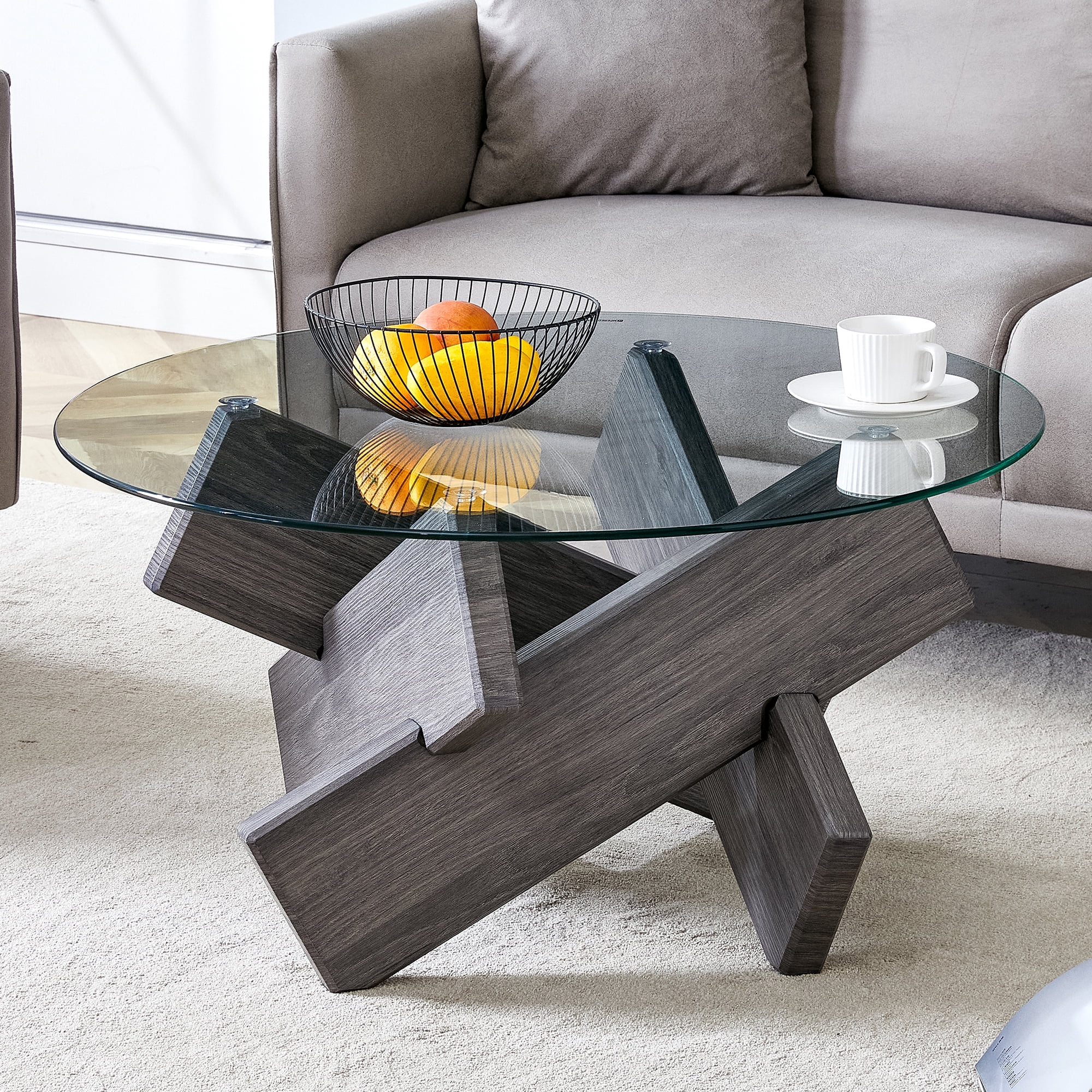 NYEESS 33.4" Round Glass Coffee Table with Tempered Top and MDF Legs, Modern Farmhouse Living Room Accent Table