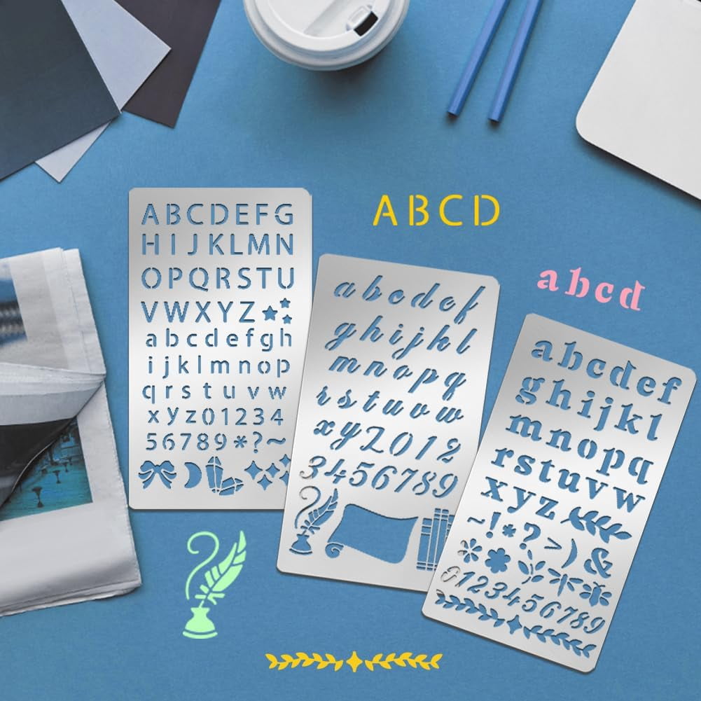 Metal Stencil 9 Pack Letter Stencils 4 x 7 Inch Wood Burning Stencils Stencils for Journaling Reusable Alphabet Number Templates Calligraphy Stencils for Drawing Engraving Scrapbooking