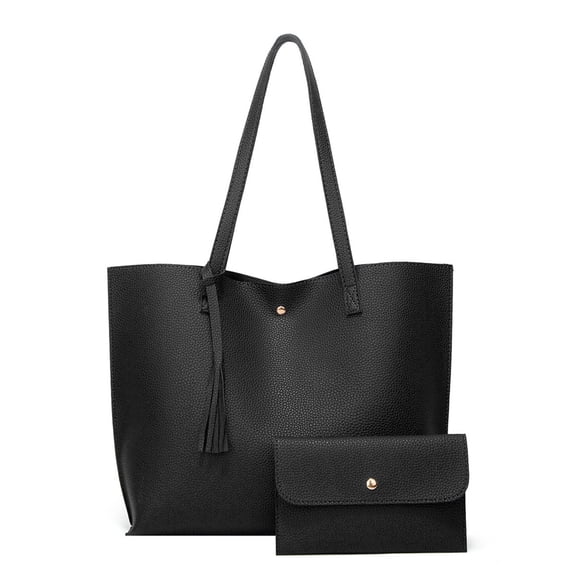 ShunXiQin Womens Pebbled Tote Bag with Tassel and Snap Detail 2 Piece Leather Look Purse Set for Work