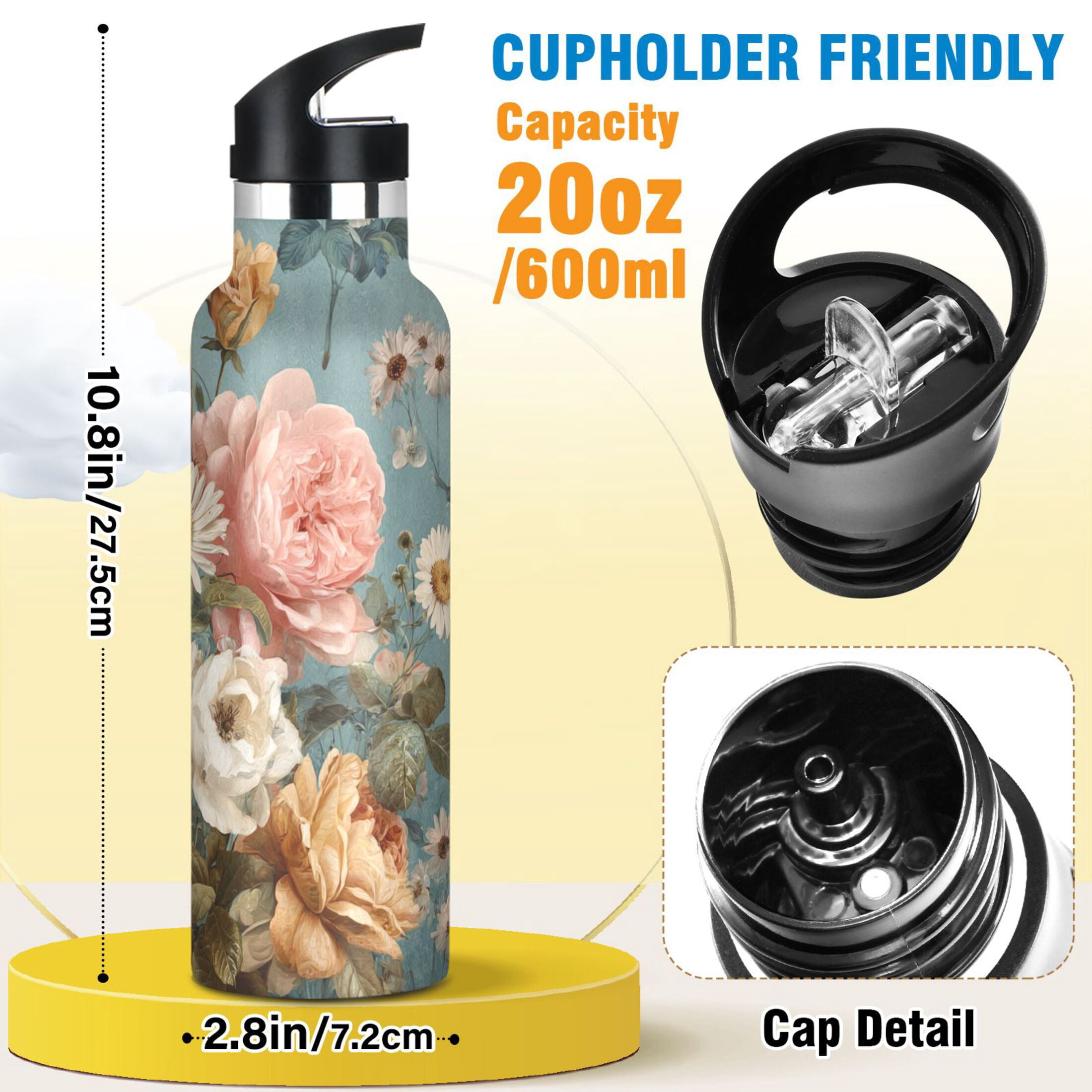 Kids Insulated Stainless Steel Sports Water Bottle 600ml (20oz) Vintage Roses and Peonies