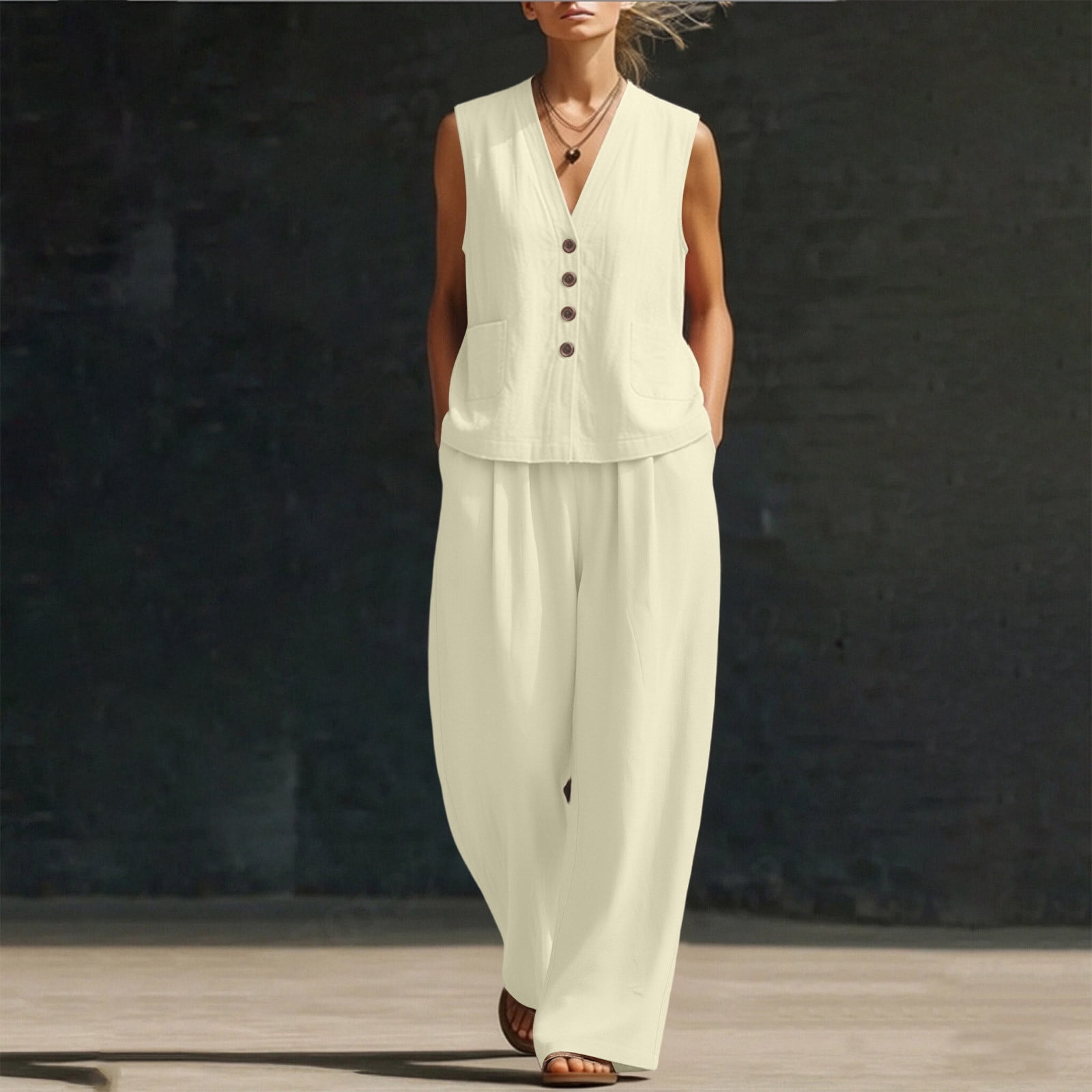 Women's Summer 2 Piece Lounge Set Dressy Sleeveless Button Down V Neck Top & Wide Leg Pants Office Travel Outfits