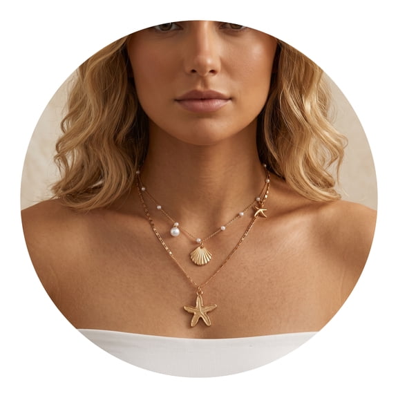 Shell Starfish Necklace for Women, Layered Pendant Necklace, Boho Beach Vacation Jewelry Gift, Adjustable Waterproof Pearl Conch Charms, Coastal Summer Jewelry Gift