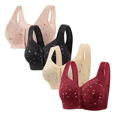 4PC Older Women Daisy Bras Breathable Front Close Button Cotton Bra Full Support Wide Back No Underwire Underwear Plus Size Bras for Women 4x-5x Push Up Sport Bra