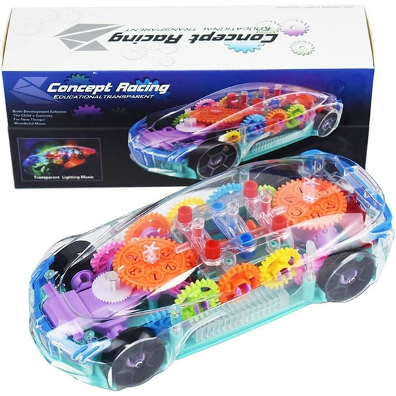 Light Up Transparent Car Toy,Sensory Toy with Colorful Moving Gears, Music, LED Effects,Fun Educational Toy for Kids Boys Girls Great Christmas Birthday Gift Idea