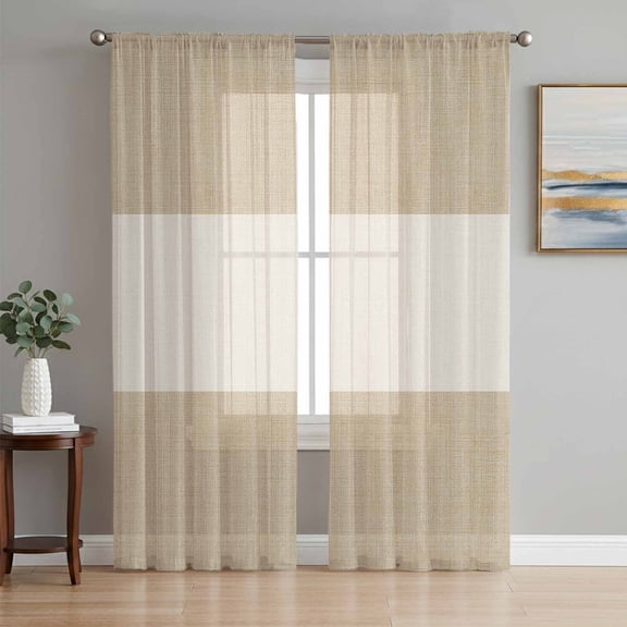 Farm Khaki Vintage Brown Color Block Striped Chiffon Sheer Curtains 84 Inches Long, Burlap Texture 2 Rod Pocket Window Treatment Voile Drapes Curtains for Living Room Bedroom,2 Panels, 52x84In