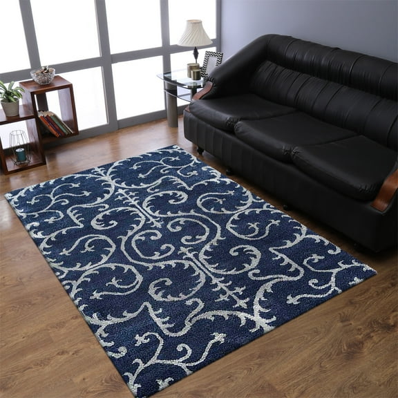 RUGSOTIC CARPETS HAND KNOTTED SILK AREA RUGS - 7'x10', Rectangle, Blue Light Blue, Contemporary Modern Design, High Pile Thick Handmade Anti Skid Area Rugs for Living Room, Bed Room (NS3313)