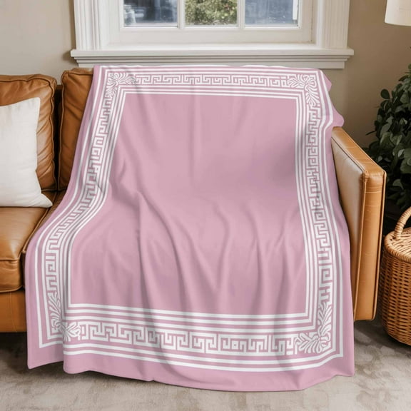 Throw Blanket for Couch Greek Key Design Soft Fleece Flannel Blankets Cozy Lightweight Blanket for Home Sofa Living Room Pink Bed Throws 50" x 60"