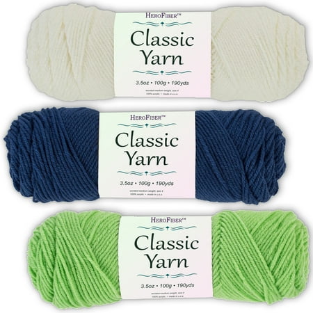 Soft Acrylic Yarn 3-Pack, 3.5oz / ball, White Coconut + Blue Chambray + Green Lime. Great value for knitting, crochet, needlework, arts & crafts projects, gift set for beginners and pros
