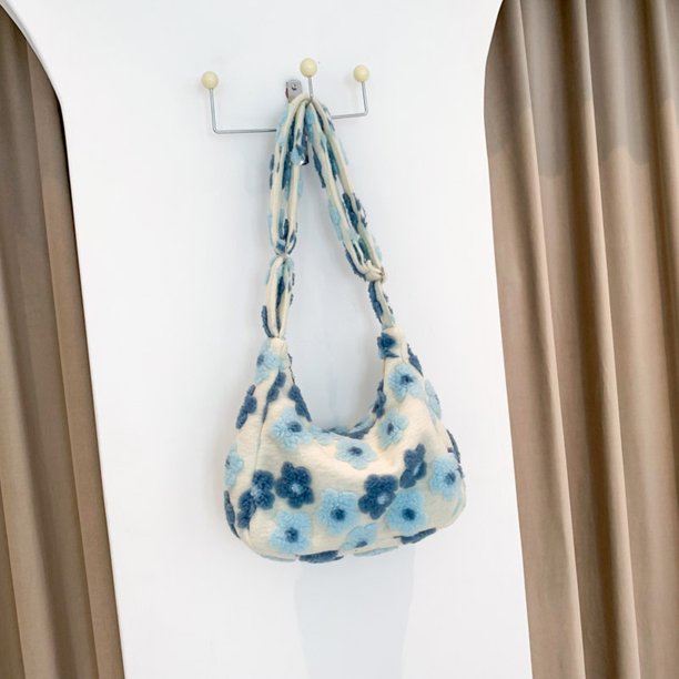 Bolso de mano de piel sintética para mujer, bolso de mano peludo informal, bolso de compras de invierno (azul)