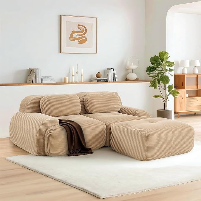 Howcool 80" Modern Corduroy Boneless Love Seat Couches with 1 Ottoman,2 Seater Large Sectional Couches for Living Room,Cloud Modular Sectional Sofa,Memory Foam, Extra Deep Loveseat,No Assembly,Camel