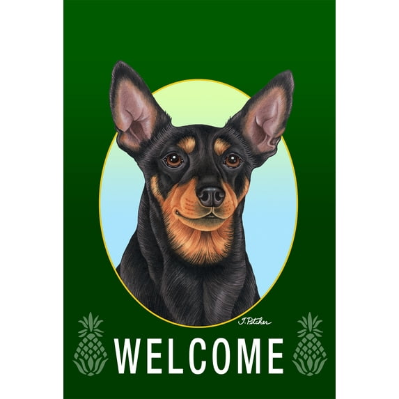 Miniature Pinscher Black/White Cropped - Best of Breed Welcome Pineapples Garden Flags. Flag is 12" x 17"
