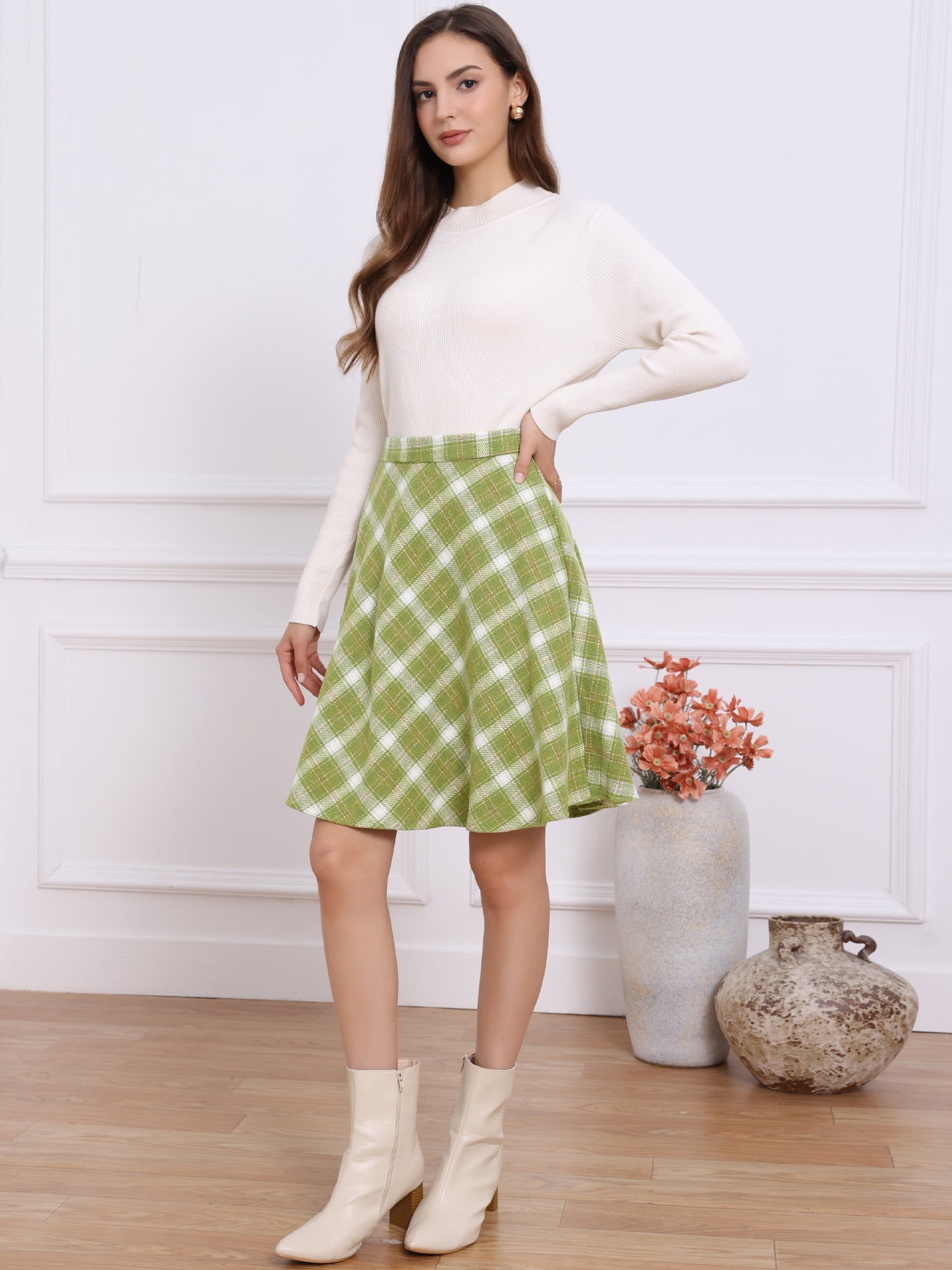 DARING DIVA Women's Plaid Tartan Elastic Waist Knee Length A-Line Skirt XL Light Green