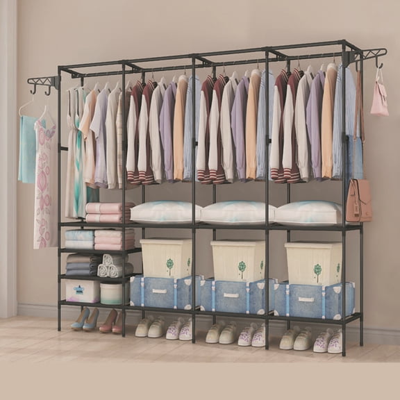 Heavy Duty Garment Rack with 4 Hanging Rods & 10 Shelves, Metal Clothes Organizer Wardrobe Rack, Free Standing Industrial Clothing Rack for Bedroom Closet Dorm