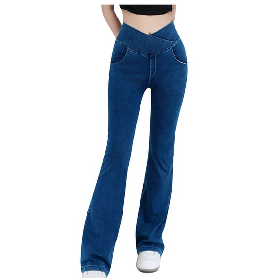 Alkepwun Flared Leggings for Women Faux Denim Crossover High Waisted Stretchy Workout Pockets Pant Butt Lifting Tummy Control Workout Wide Leg Pants