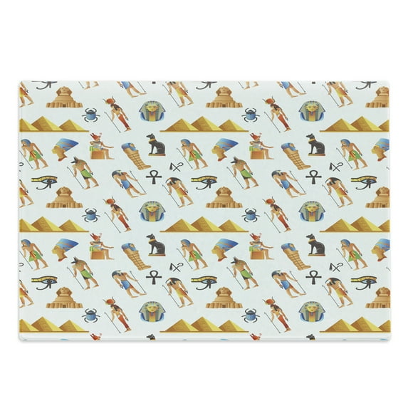 Travel Cutting Board, Egyptian Themed Mythological Signs Pyramids and Repetitive Pattern, Decorative Tempered Glass Cutting and Serving Board, in 3 Sizes, by Ambesonne