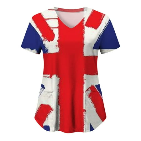 

Women Scrubs Top Casual Independence Day Flag Printed Short Sleeve Loose Top With Pocket V-Neck Pocket Carer Suit Uniform Nurses Clothing Workwear