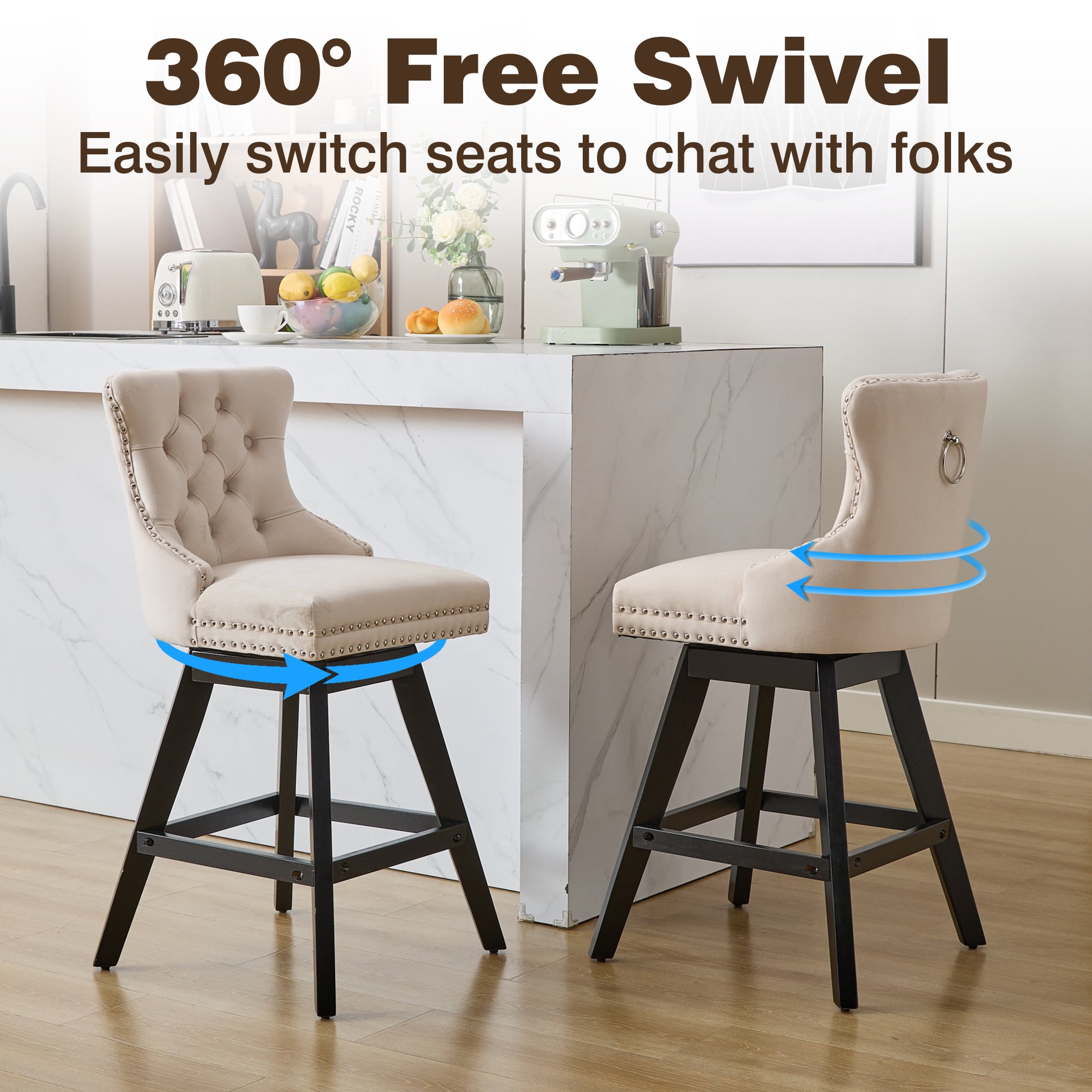 Swivel Bar Stools Set of 2, Velvet Counter Height Bar Stools with Back, Swivel Dining Chair with Button Tufted and Wooden Legs, Kitchen Chair Counter Stools for Kitchen Island Kitchen Counter, Beige