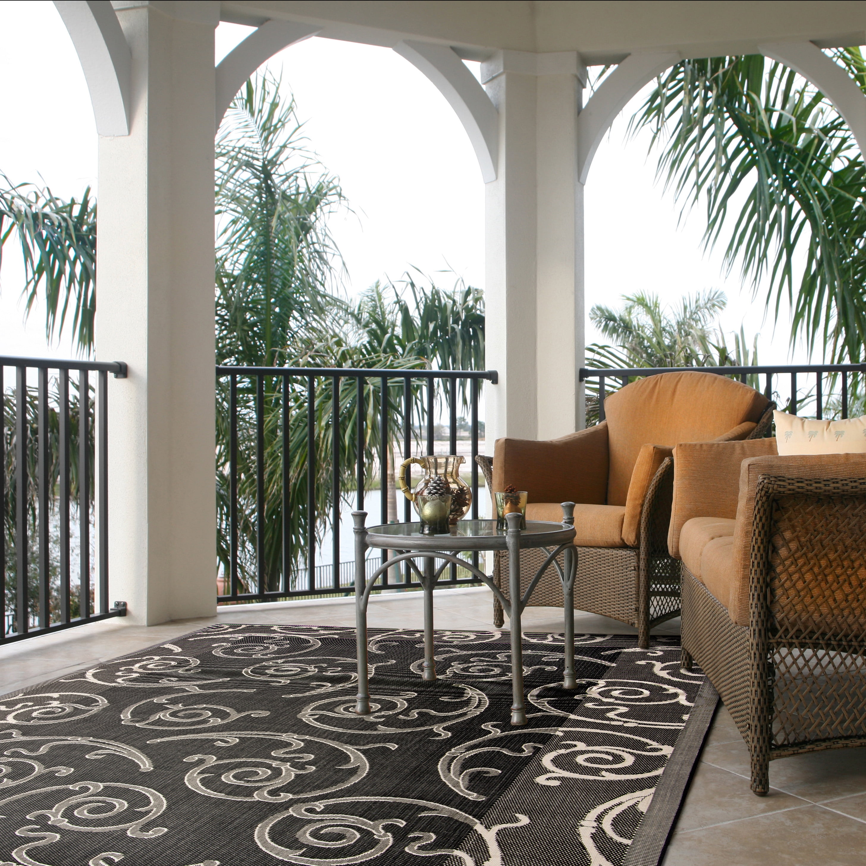 Safavieh Courtyard Daniel Oriental Indoor/Outdoor Area Rug, Black/Sand, 5'3" x 7'7"