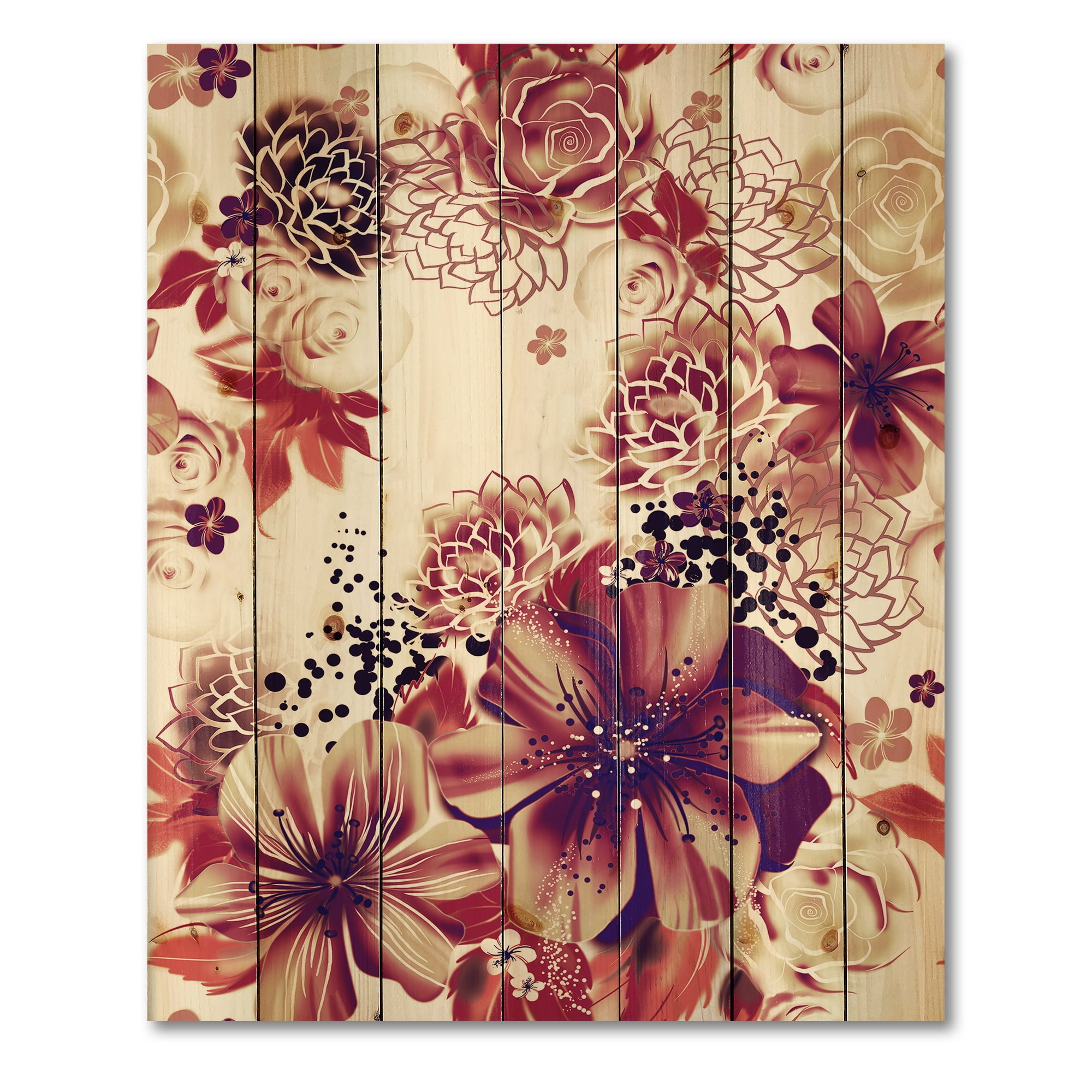 Designart 'Yellow and Pink Flowers Retro' Traditional Print on Natural Pine Wood