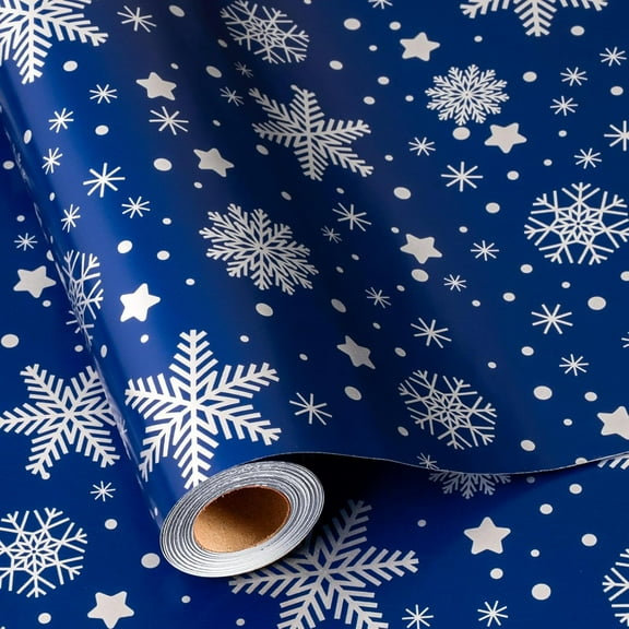 DFA Reversible Christmas Wrapping Paper Roll - 17 Inch X 32.8 Feet - Navy with Snowflakes & Stars, Dense Snowflake Pattern, Festive Design for Christmas, Holiday, Winter Celebration