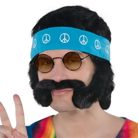 Groovy 60's Hippie Character Costume Kit Wig, Mustache Headband