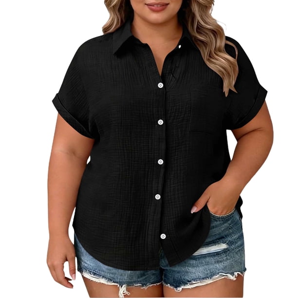 TaTaai Women's Plus Size Casual Shirt, Short Sleeve Button Down with Notch Collar, Patch Pocket Blouse for Everyday Wear Gift