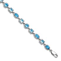 925 Sterling Silver Textured Polished Blue Topaz Bracelet 7 Inch Lobster Claw 6mm Wide Link Bracelet for Women