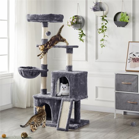 Easyfashion Multilevel Plush Cat Tree with Condos for Cats and Kittens  Dark Gray