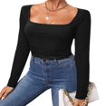 thumbnail image 2 of Womens Ribbed Long Sleeve Crop Tops T Shirts Lace Trim Sweetheart Basic Fitted Tees, 2 of 7