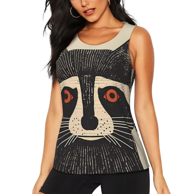 Fotbe Retro Raccoon Graphic Print Blusas Sin Mangas para Mujer – Estilo Casual, Corte Suelto, Slim-Fit, Cuello Redondo Deportivo, Tops de Verano para Gimnasio y Yoga-XX-Large