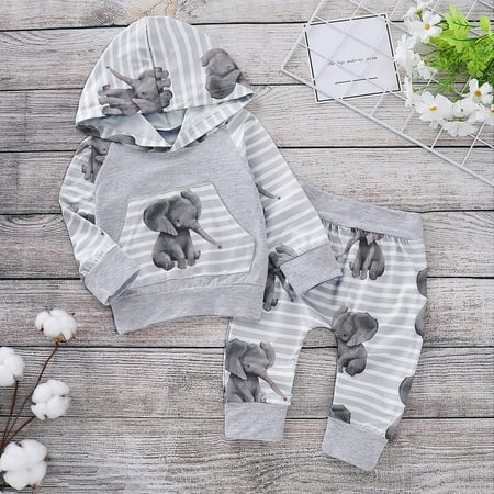 

Fidelma Girls Outfits&Set Spring and Autumn Baby Long Sleeve Print Hooded Sweater + Pants Set Gray-90